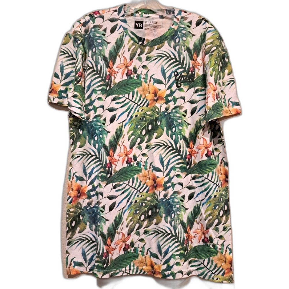 YR Young & Reckless Tropical Plants Monstera leafy all over print t-shirt sz XL